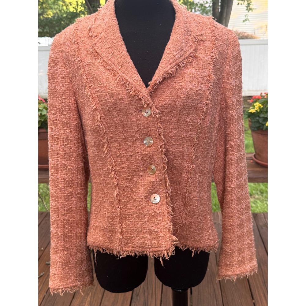 Rickie Freeman Teri Jon Coral Orange Tweed Boucle Frayed Blazer Jacket Sz 14